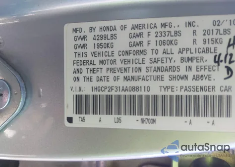 2010 Honda Accord 2.4 Lx z USA, uszkodzony, nr VIN 1HGCP2F31AA088110